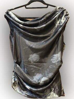 WHBM Black Floral Satin Drape Top Elegant Asymmetrical Blouse, size 10, NWT
